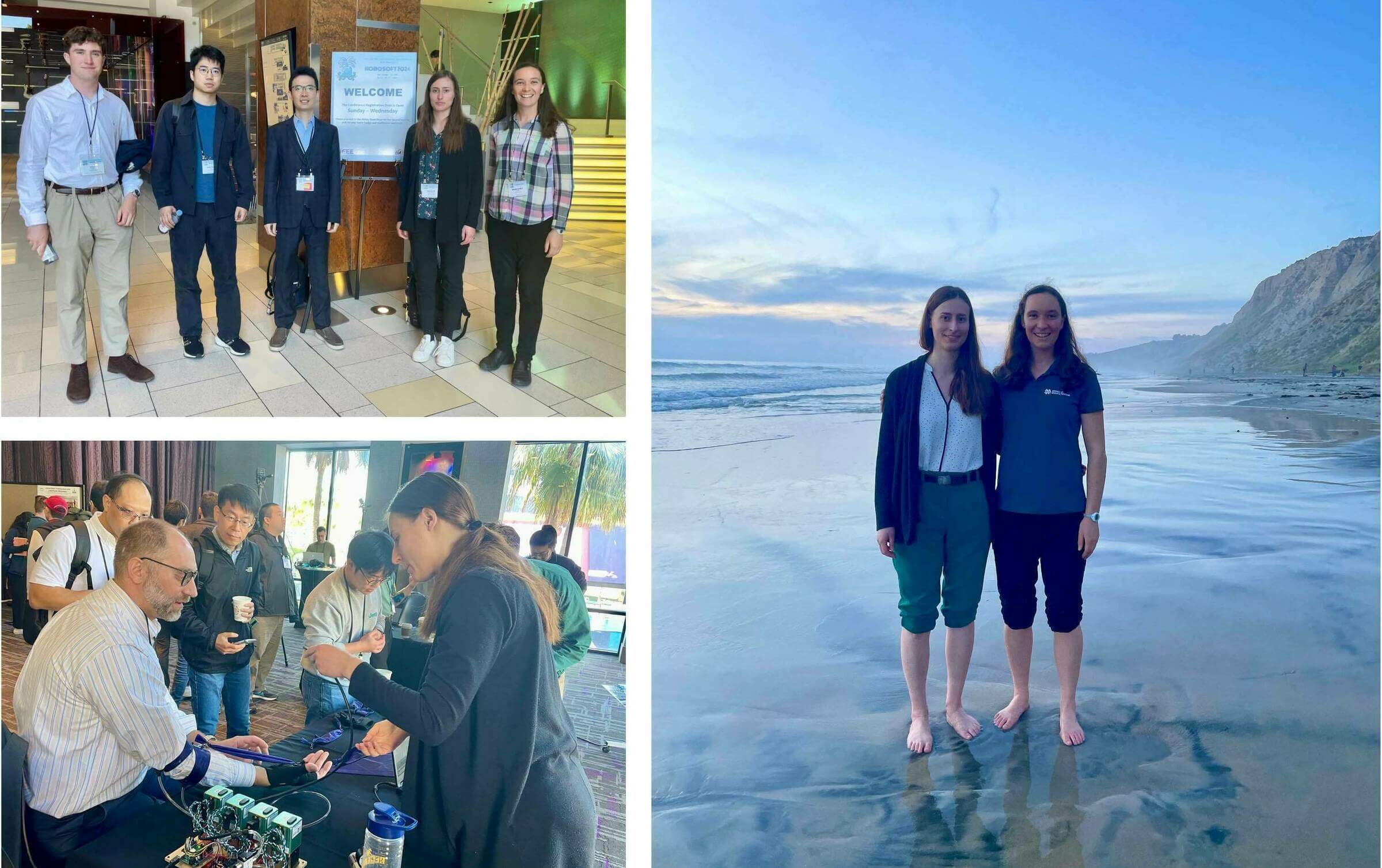 Collage of photos: Notre Dame attendees, exosuit demonstration, and the beach.
