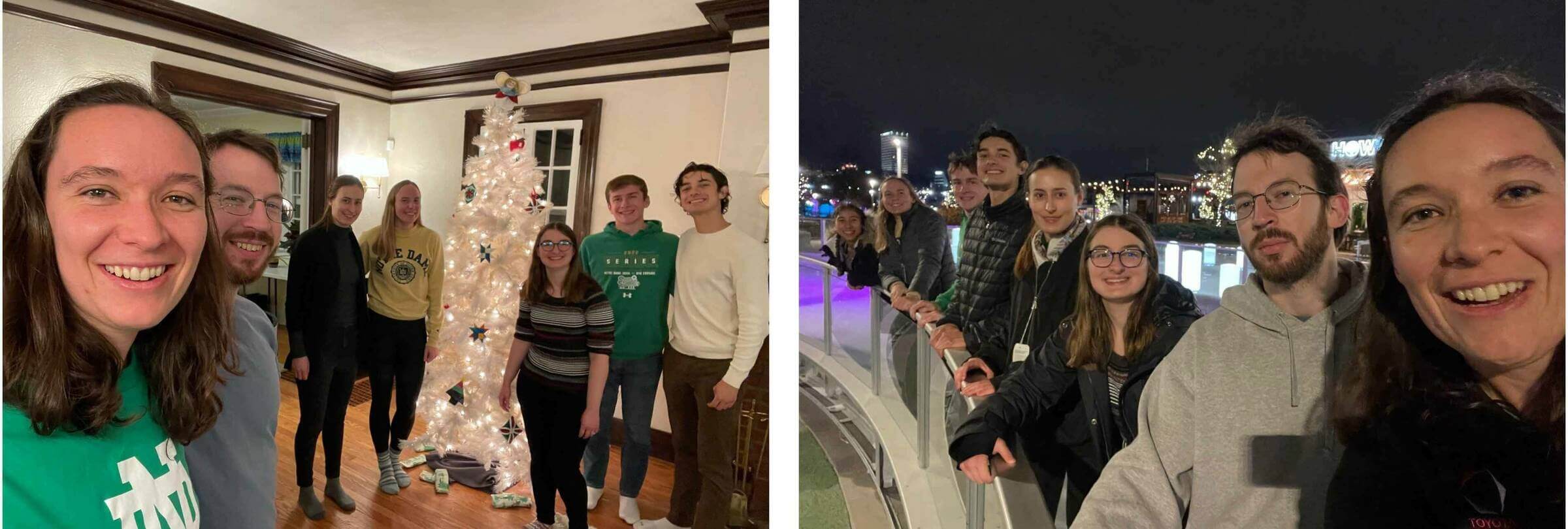 Photos of lab members in front of a Christmas tree and at an ice skating ribbon