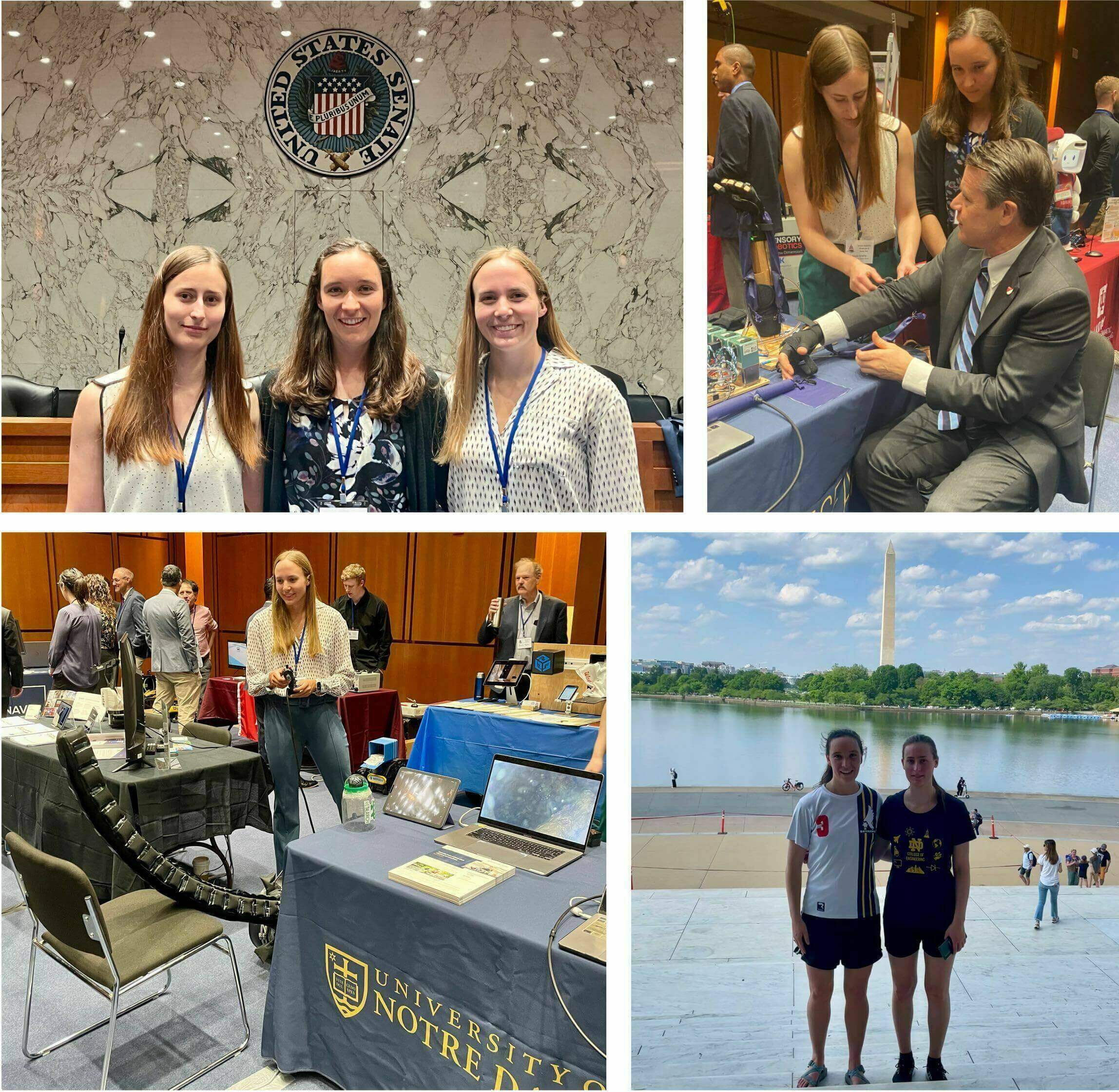 Collage of photos of IRIS lab members at the US Senate, demonstrating robots, and in front of the Washington Monument.