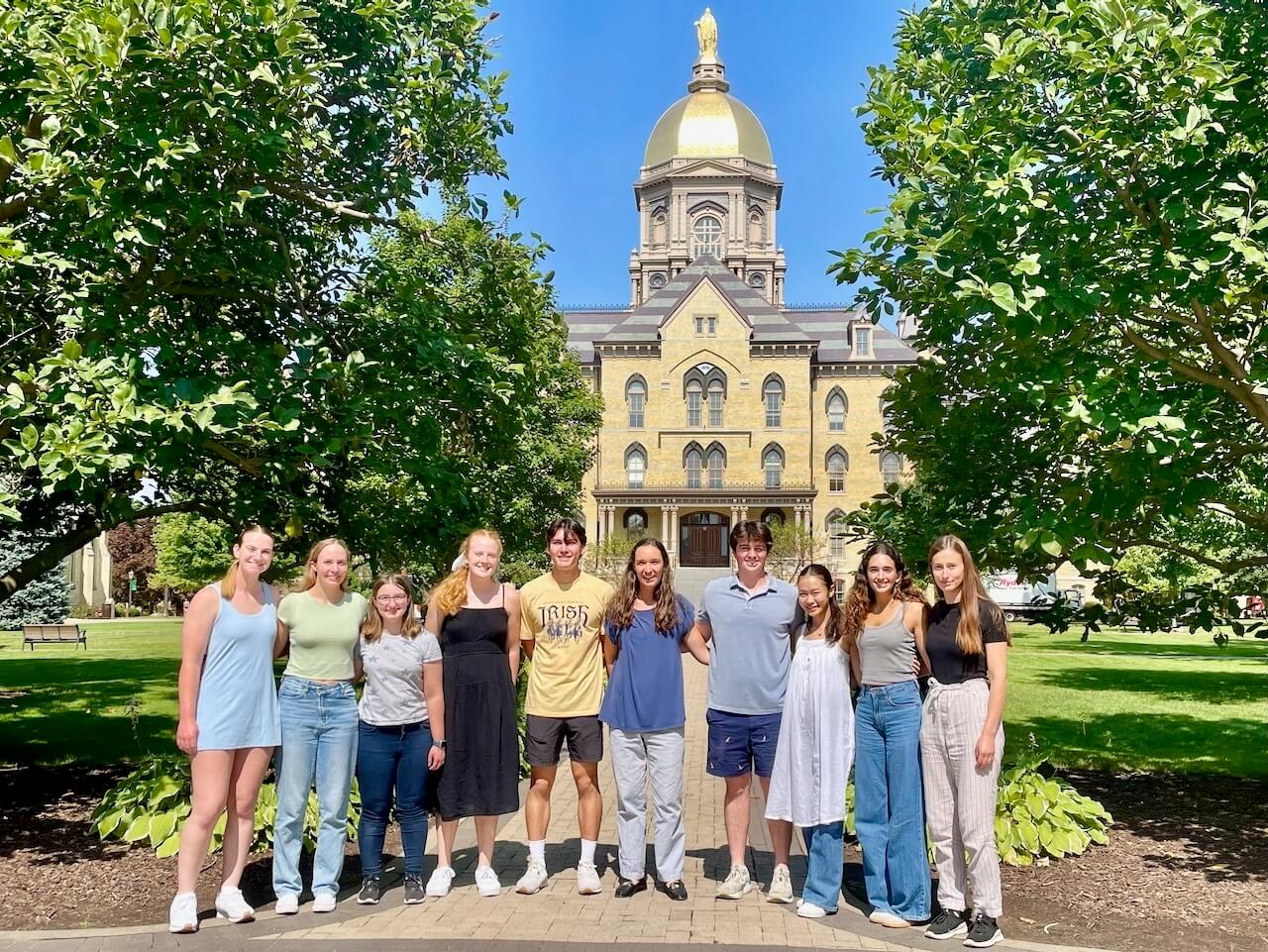 Photo of lab members in front of the Notre Dame dome