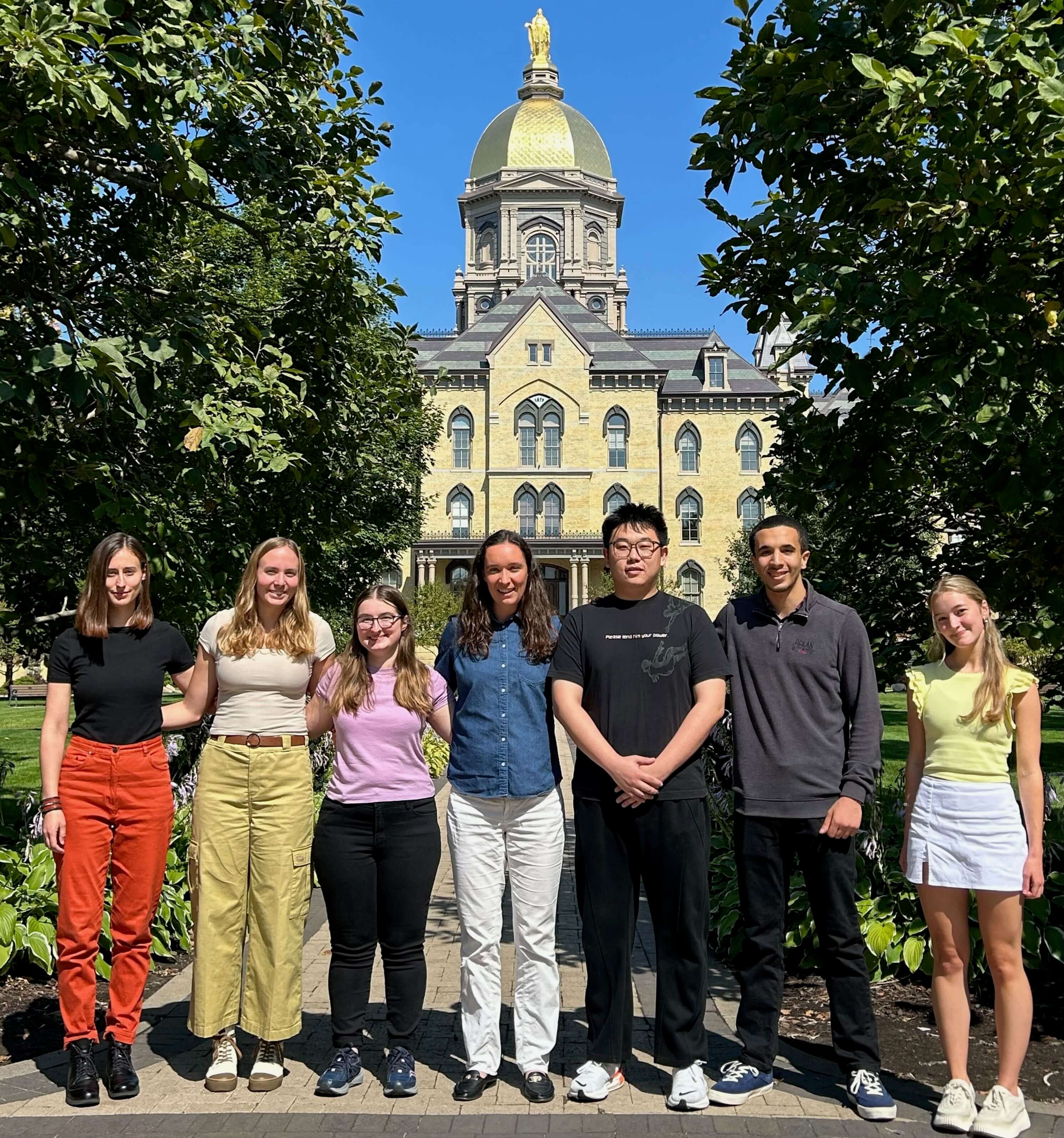 Photo of lab members from Fall 2025 in front of Golden Dome